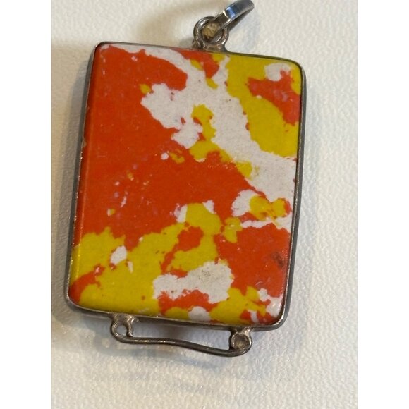 Vintage Rectangular Abstract Enamel Pendant With Silver-Tone Frame - Picture 6 of 6